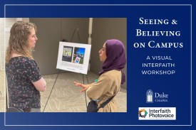 A promotional graphic for "SEEING & BELIEVING ON CAMPUS: A VISUAL INTERFAITH WORKSHOP." The left side features a photo of two women engaged in conversation in front of a poster displayed on an easel. One woman wears a floral shirt, while the other wears a purple hijab and a tan top, gesturing toward the display.
